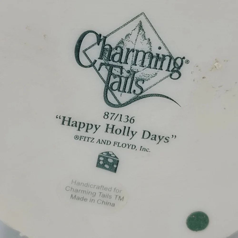 Fitz and Floyd Charming Tails Happy Holly Days Mouse w Holly Leaves 90s Vintage - Picture 12 of 12